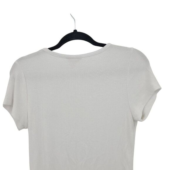 Y2K Guess White Ribbed Womens Short Sleeve V-neck Top Sz M Black Logo Stretch - Picture 12 of 14